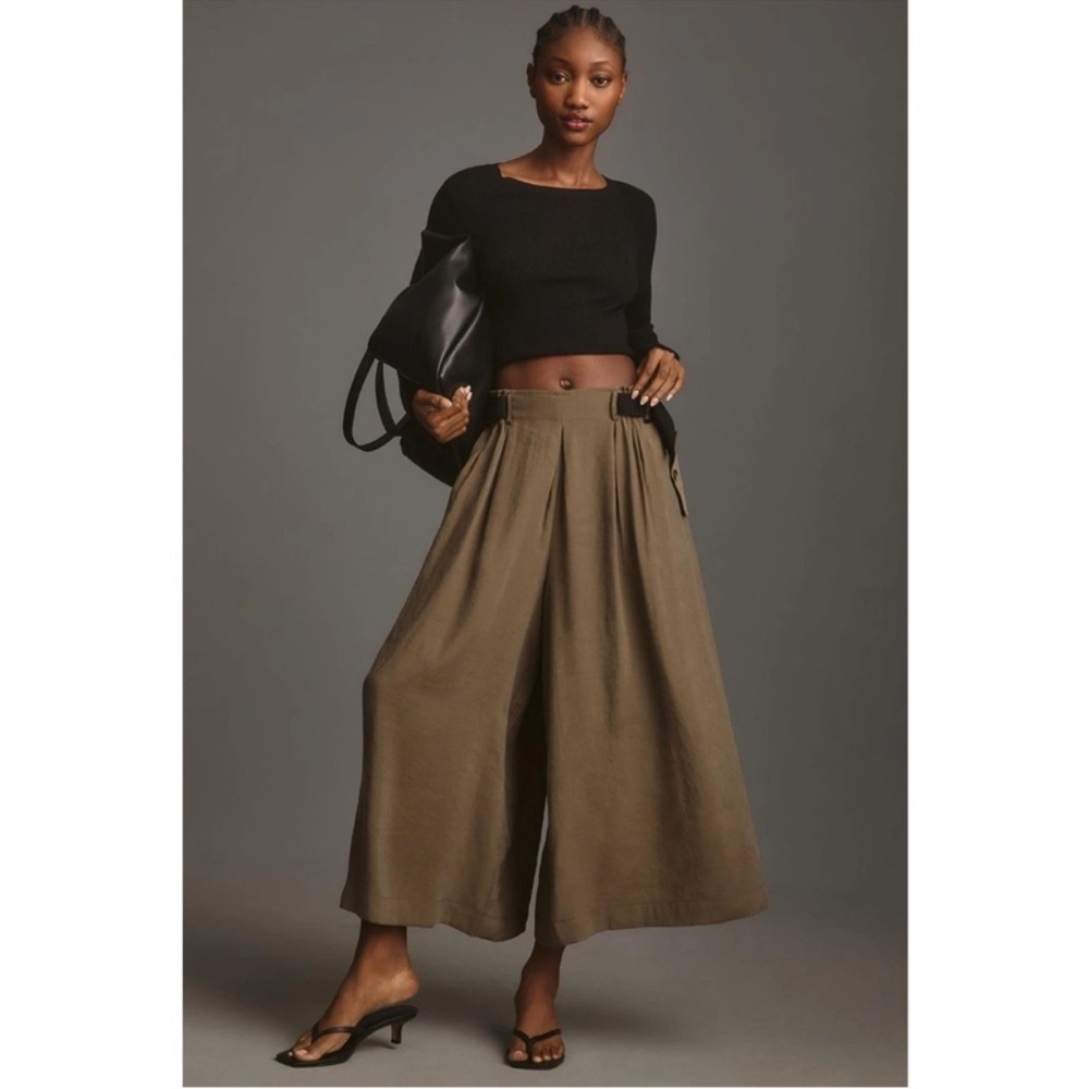 Anthropologie Olive-Tan Wide Leg Pleated Culotte Pants